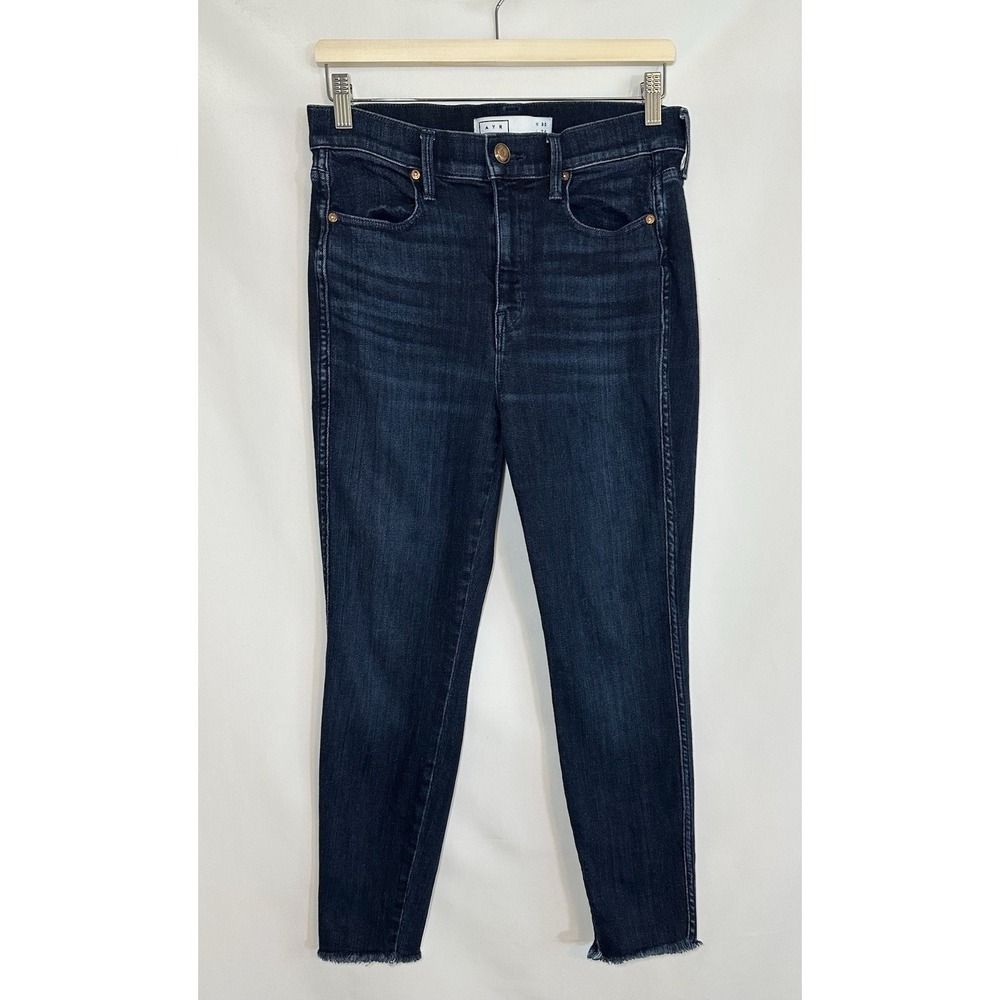 AYR Women's 30 The Riser Blue Dark Wash Skinny Jeans Raw Hem Psychic City